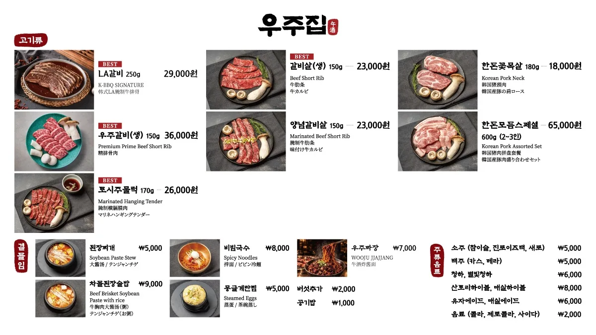 우주집 홍대본점 한국어 벽면 메뉴판 — 고기류·곁들임·주류 가격표